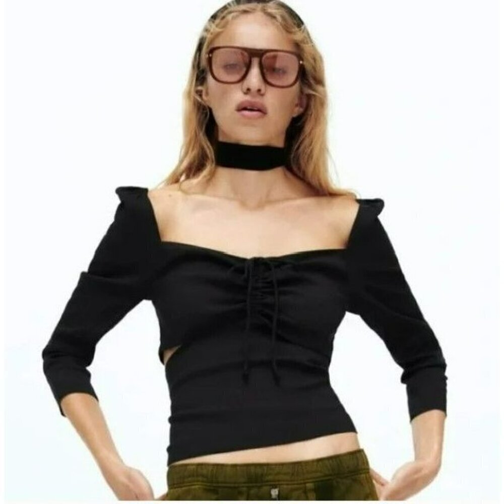 2/$30 ZARA Black‎ Linen Blend Cut Out Ruched Bust Top XSmall